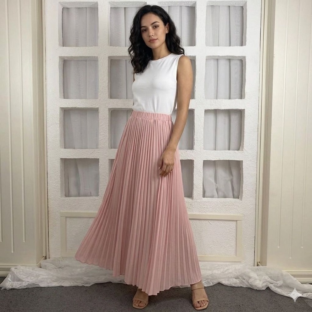 Pleated Maxi Skirt High Waist Chiffon Flowy Swing A-Line